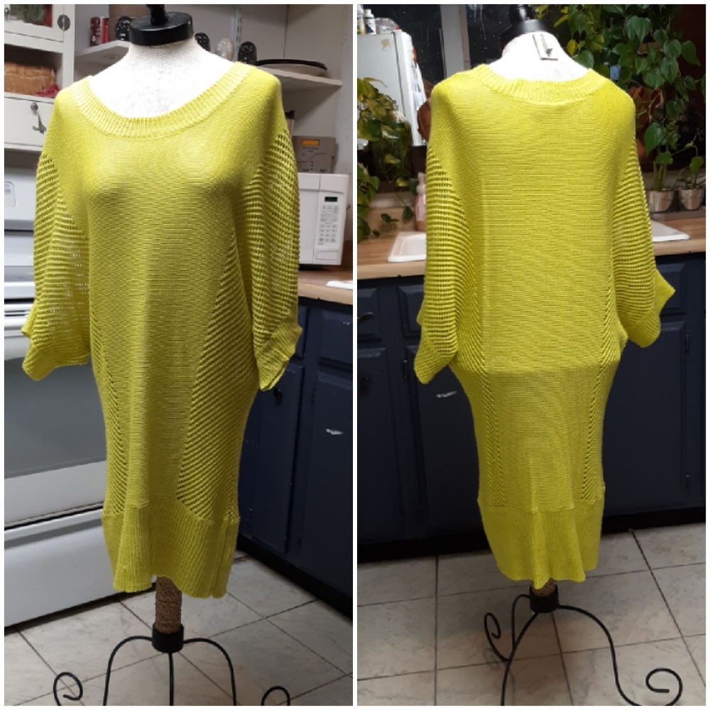 Womens Knit Mesh Long Sweater Lime Green XL Short Sleeve b71